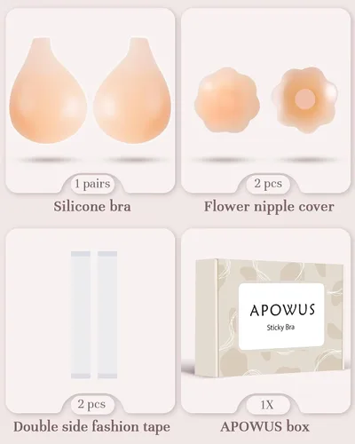 Vista 5 de APOWUS Sujetadores adhesivos adhesivos para mujer, brasier invisible sin espalda para busto grande, reutilizable con cubiertas para pezones, L