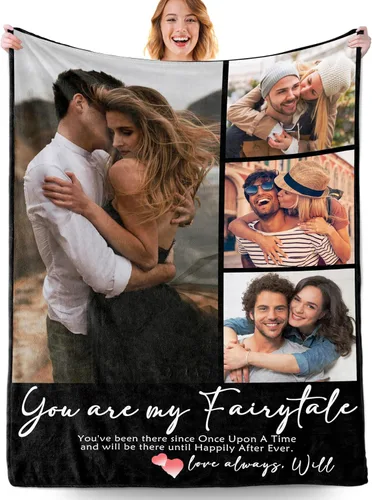 Vista 21 de Manta personalizada con fotos, manta personalizada con fotos con texto en inglés "I Love You", regalo de cumpleaños para novia, novio, esposa