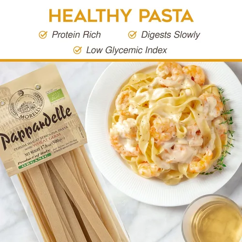 Vista 4 de Morelli Pappardelle - Pasta orgánica con germen de trigo - Pasta importada de Italia, pasta de fideos Pappardelle, fideos anchos, 17.6 oz (500 g)