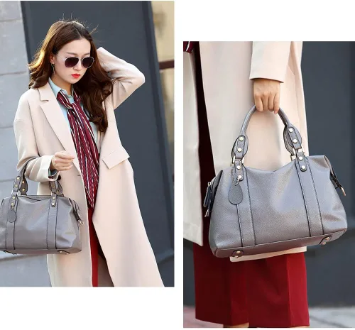 Vista 2 de Bolsos y bolsos de cuero vegano para mujer, con asa superior, bolsos Boston de moda