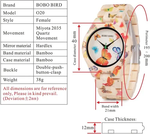 Vista 2 de BOBO BIRD Reloj de bambú para mujer, diseño de mariposa, hecho a mano, hecho a mano