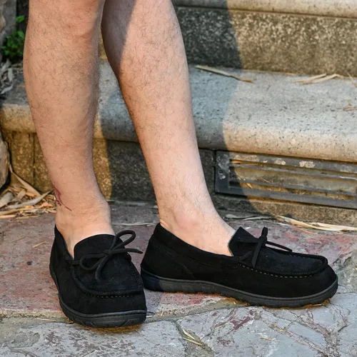 Vista 5 de LazyStep Pantuflas tipo mocasín de microgamuza para hombre, para interiores y exteriores, con espuma viscoelástica cómoda