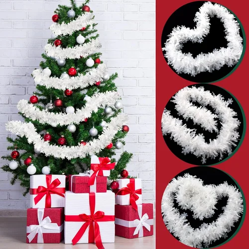 Vista 2 de Dingion Guirnalda de oropel blanca de 50 pies, guirnalda blanca para árbol de Navidad, adornos de torsión esponjosa para vacaciones de invierno