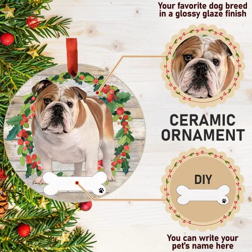 Vista 4 de E&S Imports - Adorno de bulldog – E&S Pets – Personalizable – Regalos para perros – Adorno redondo de cerámica con acabado esmaltado – Decoración