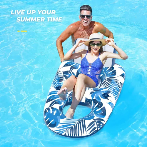 Vista 7 de JCLEAL Flotadores de piscina para adultos de 1-2-3 personas, tumbona inflable extra grande, silla reclinable reclinable con respaldo, reposapiés