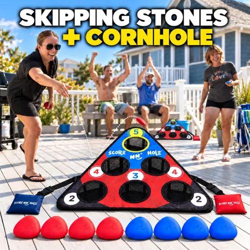 Vista 2 de SKIP NN' HOLE Original Fun Stonne Skipping Meets Pool Cornhole Game Floating for All Ages Fun Swimming Pool Game for Adults and Family Easy