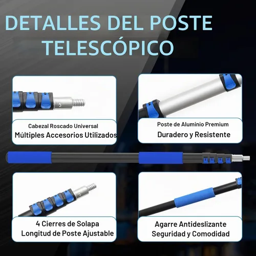 Vista 6 de Bombilla de alcance de 28 pies de 5 a 20 pies con poste de extensión telescópica para techos altos con plumero, cestas y ventosas para luces Azul
