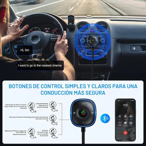 Vista 5 de Adaptador auxiliar Bluetooth 5.3 para automóvil, receptor Bluetooth SONRU para automóvil [conexión dual y cancelación de ruido de micrófono]