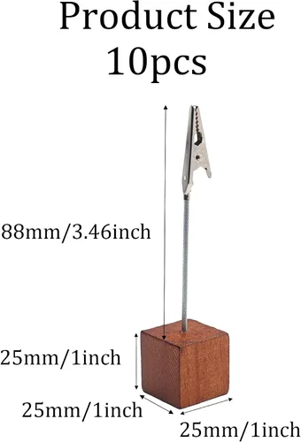 Vista 2 de 10 soportes de clip de notas con base de cubo de madera marrón, soportes de clip de cocodrilo para números de mesa, tarjetas de lugar, fotos