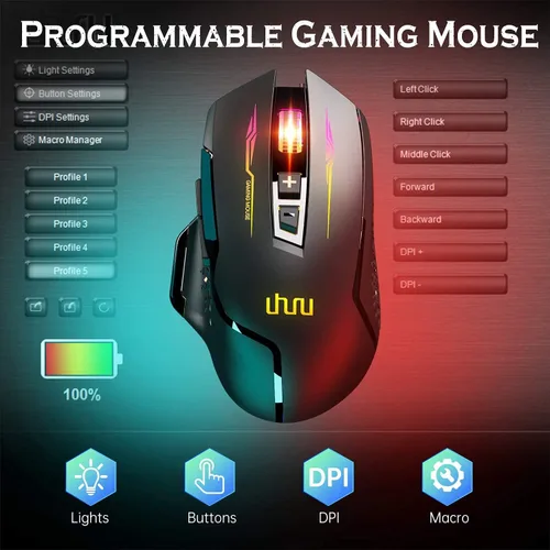 Vista 5 de UHURU Mouse inalámbrico para juegos, con cable e inalámbrico, doble modos, recargable RGB con 7 botones programables, ergonómico y 5 niveles de DPI