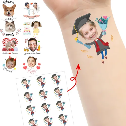 Vista 8 de Tatuajes personalizados temporales personalizados temporales con nombre, logotipo, foto facial para adultos, boda, cumpleaños, San Valentín