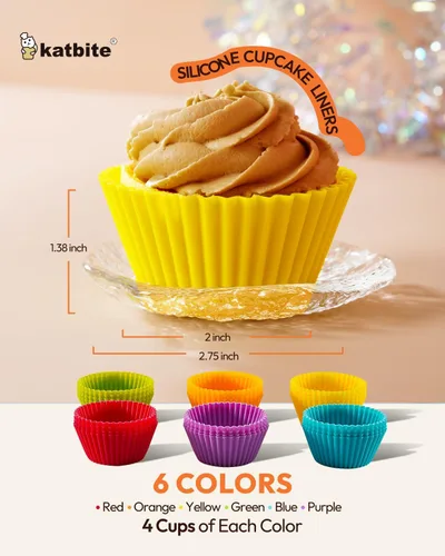 Vista 3 de Katbite Paquete de 24 forros de silicona para cupcakes, juego de forros de silicona antiadherentes para magdalenas, moldes gruesos y resistentes
