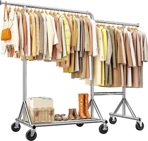 Vista 9 de Raybee Perchero de ropa resistente con carga de 500 libras, perchero con ruedas, doble barra para colgar ropa, perchero comercial portátil