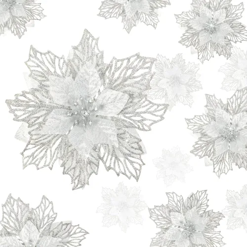 Vista 11 de Geosar 24 piezas de flores de Pascua con purpurina para Año Nuevo, flores artificiales en capas, adornos para árbol de boda y Año Nuevo, 3/4/6 Azul