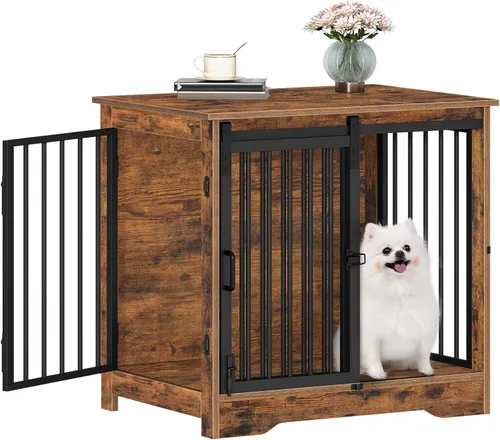 Vista 21 de Hzuaneri Mueble de jaula para perros de 27.2 pulgadas con puerta de granero, perrera resistente para interiores con 2 puertas, mesa auxiliar jaula