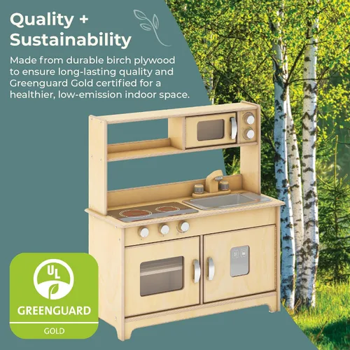 Vista 8 de Guidecraft EdQ - Juego de cocina todo en uno para niños, color natural: cocina dramática de madera para niños pequeños con estufa, microondas
