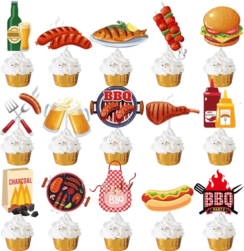 Vista 2 de 36 piezas de decoración de cupcakes temáticos de barbacoa temática de tartas para decoración de verano con temática de barbacoa de cumpleaños, baby