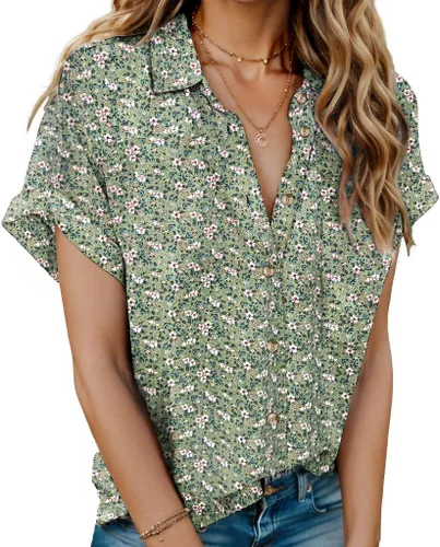 Vista 15 de HOTOUCH Camisas de Lino para Mujer con Botones Blusas de Manga Corta de Algodón Cuello en V con Cuello Tops de Gasa con Botones S-3XL