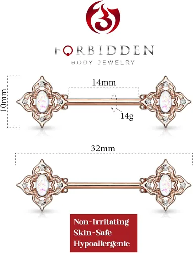 Vista 2 de Forbidden Body Jewelry Par de pesas de acero quirúrgico de 916 pulgadas (0.551 in) Posh Floral Sintético Opal Center Pezón Barbells