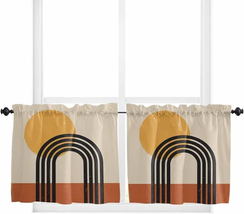 Vista 85 de Cortina de ventana ajustable con lazos para ventana, cenefa de cocina para sala de estar, arte abstracto, sol y arco iris, bolsillo para barra