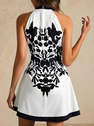 Vista 2 de Enterizo halter con estampado retro para mujer, elegante, con abertura frontal, sin mangas, para fiesta de noche