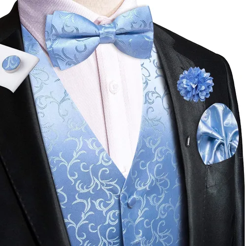 Vista 2 de Hi-Tie Chaleco de traje de seda para hombre, corbata y corbatín de solapa, clip de corbata dorado, chaleco floral de cachemira, 8 piezas, conjunto