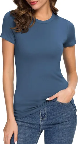 Vista 21 de Camiseta de mujer con cuello redondo, manga corta, ajustada, elástica, básica, de Urban CoCo Negro