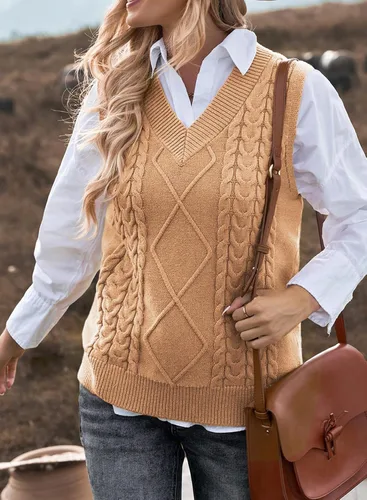 Vista 2 de EVALESS Chaleco Suéter de Gran Tamaño para Mujeres Cuello en V Sin Mangas Color Sólido Suéter Pullover Suelto 1 caqui.