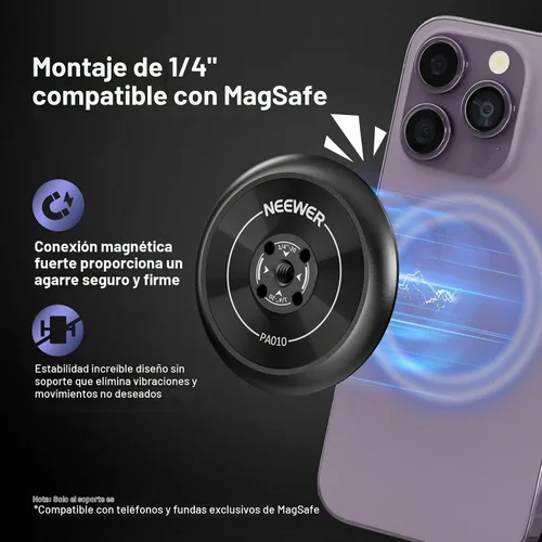 Vista 2 de NEEWER Soporte magnético para teléfono trípode con adaptador de rosca de 1/4" compatible con iPhone MagSafe, palo selfie para 15 Pro Max 15 Plus 14