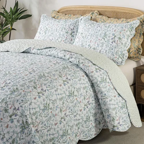 Vista 26 de HoneiLife - Juego de edredón de 3 piezas, colcha ligera de microfibra, diseño de flores silvestres, cubrecamas ligero y botánico, para todas