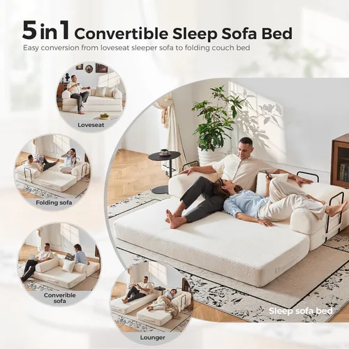 Vista 3 de Sofá cama convertible 5 en 1 de 79 pulgadas, sin montaje, sofá cama sin hueso con espuma de alta densidad, sofá cama plegable, sofá modular de pana