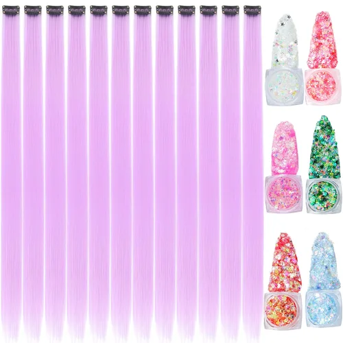 Vista 12 de Extensiones de cabello de colores, extensión de cabello liso con clip de 22 pulgadas, extensiones de cabello con brillantina multicolor arcoíris