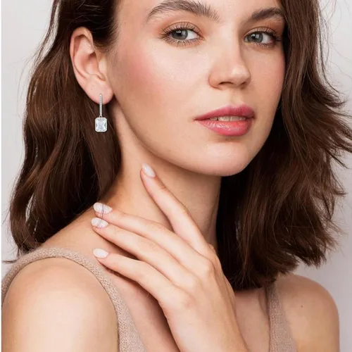 Vista 5 de Aretes colgantes de plata de ley 925 con forma de baguette, con piedra natal rectangular, aretes de gancho para mujer, regalos de joyería