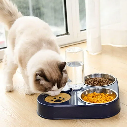 Vista 5 de Comedero de acero inoxidable 3 en 1 para perros y gatos, accesorio de alimentación automática para perros y gatos (azul)