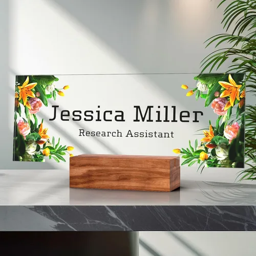 Vista 80 de Placa de identificación personalizada para escritorio, decoración de oficina de acrílico transparente con diseño de flores, decoraciones