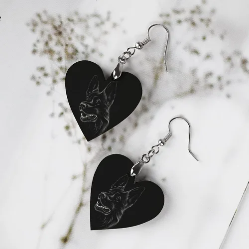 Vista 3 de Aretes redondos de madera con diseño de pastor alemán negro para mujer, con estampado moderno y ligero