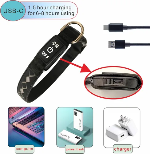Vista 4 de Collar LED para perro, 15 modos de luz, USB-C recargable, silicona ajustable, varios colores (negro, S (7.87-11.8 pulgadas)