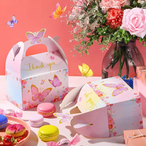 Vista 2 de Nezyo - 12 cajas de regalo de fiesta de mariposa, cajas de regalo de dulces de papel floral rosa morado a dos aguas con mango de mariposa