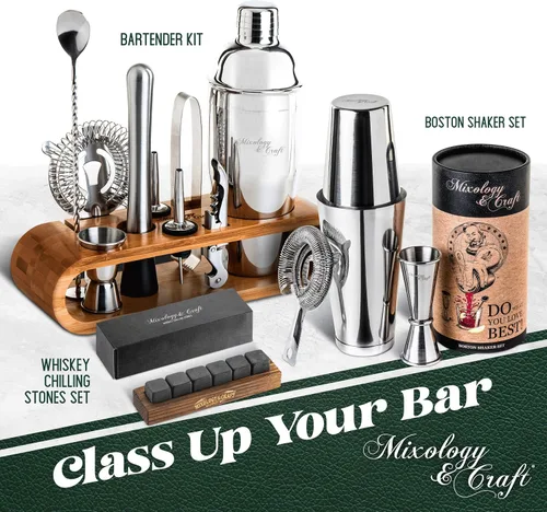Vista 9 de Mixology & Craft Boston - Juego de coctelera con martini pesado, juego de coctelera incluye colador y jigger japonés, gran juego de barra de regalo