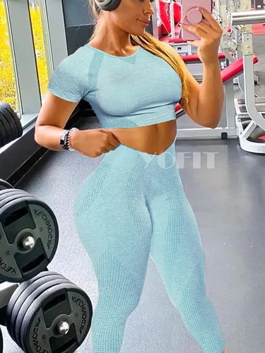 Vista 5 de YOFIT - Conjunto deportivo de 2 piezas leggings de yoga de cintura alta sin costuras y crop top con manga larga para mujer, juego de ropa