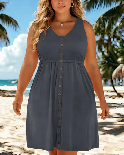 Vista 59 de Holipick Vestidos de verano para mujer, talla grande, casual, con bolsillos, acampanado, con botones, sin mangas, cuello en V