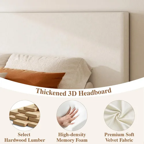 Vista 3 de Base de cama de plataforma de tamaño completo con cabecero, cama de terciopelo con base sólida con listones de madera, base de colchón resistente