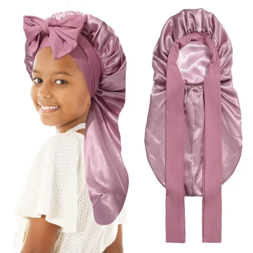 Vista 9 de Gorro de pelo largo para niños para dormir - Gorro de satén elástico de doble capa para niñas con banda de amarre para cabello trenzado y rizado