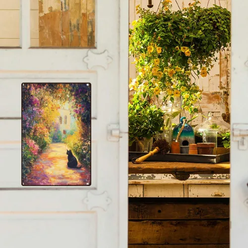 Vista 6 de Cartel de metal retro para decoración de pared con diseño de gato negro y jardín, 8 x 12 pulgadas, pintura al óleo de primavera, póster artístico