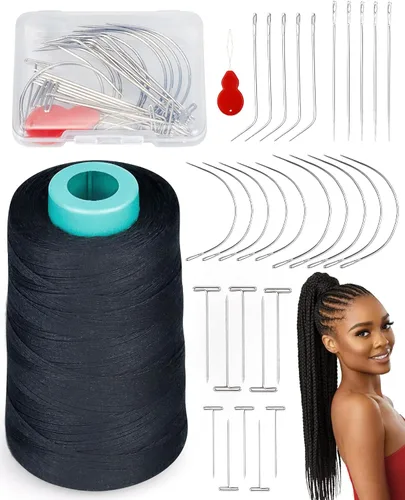 Vista 8 de FIVEIZERO 3 rollos de hilo de extensión de cabello con 30 agujas T/C/J/I utilizando, hilos de tejido de cabello negro, aguja para coser e hilo