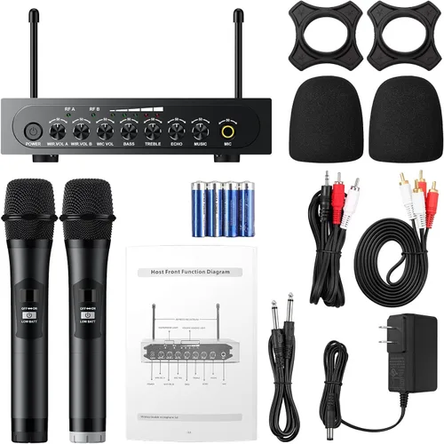 Vista 7 de PROZOR Micrófono Inalámbrico UHF con Control de Volumen, Agudos, Graves y Eco, Micrófono Inalámbrico Recargable Dual de Mano Sistema de Micrófono