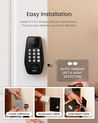 Vista 8 de DESLOC C100 - Cerradura de puerta de entrada sin llave con asa, cerradura inteligente para puerta delantera con 2 llaves, bloqueo automático, 100