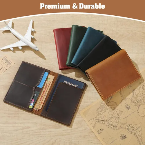 Vista 7 de Jack&Chris Funda de cuero para pasaporte, funda de viaje para hombres y mujeres, Marrón