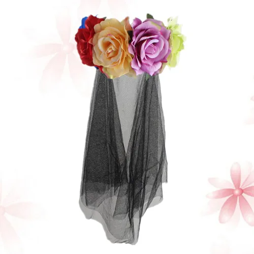 Vista 8 de Velo floral rosa rosa corona velo de Halloween velo negro novias tiara negra Halloween Cosplay accesorios diadema mexicana Día de los Muertos