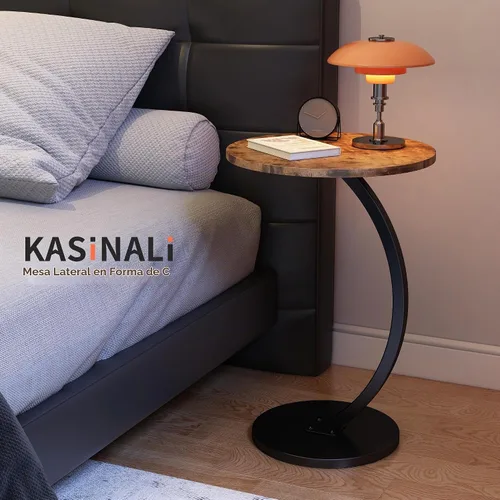 Vista 9 de Mesa auxiliar en forma de C, mesas auxiliares redondas pequeñas con marco de metal para sofá, cama, sofá, bandeja de TV, mesas para sala de estar